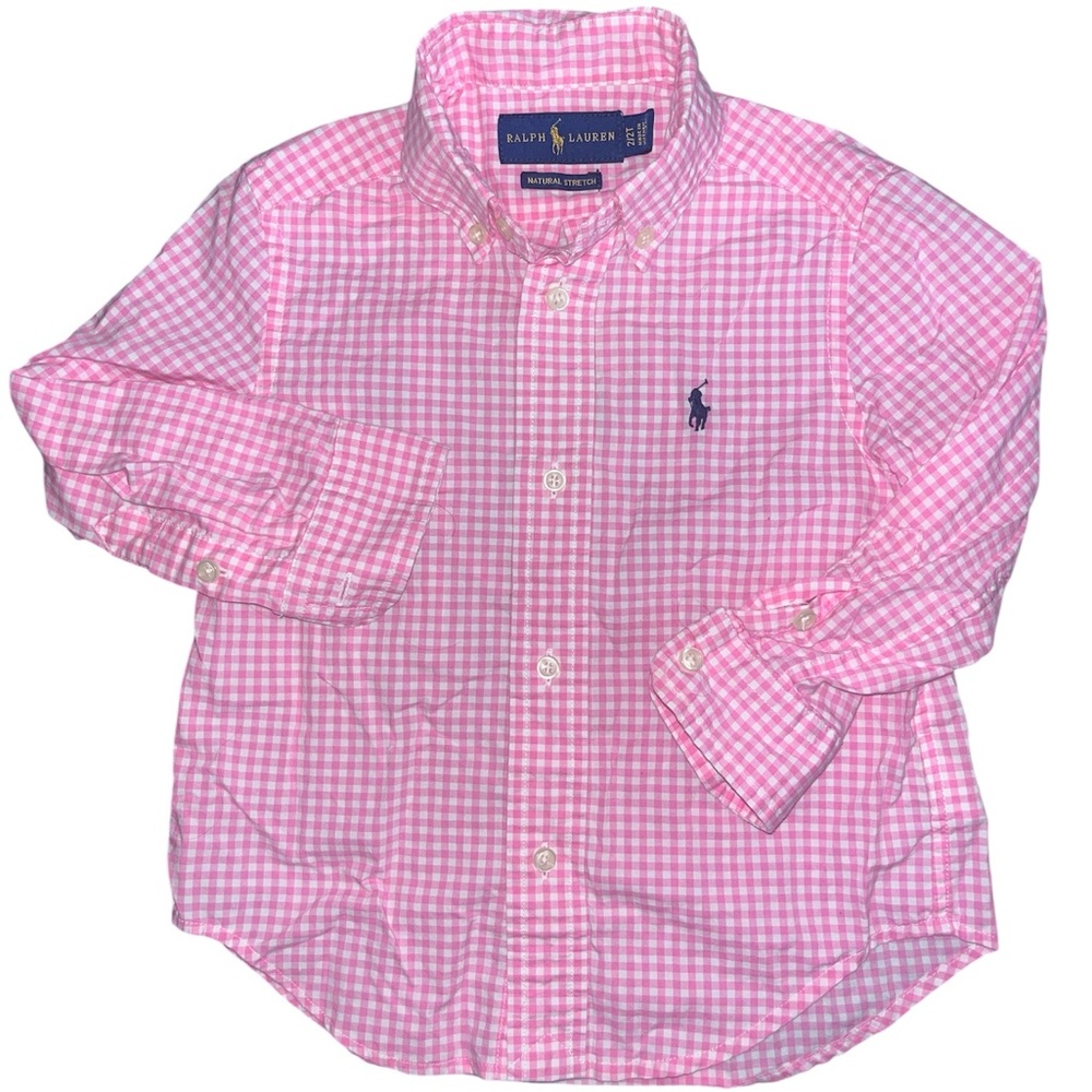 Ralph Lauren boys' pink and white gingham cotton poplin shirt.